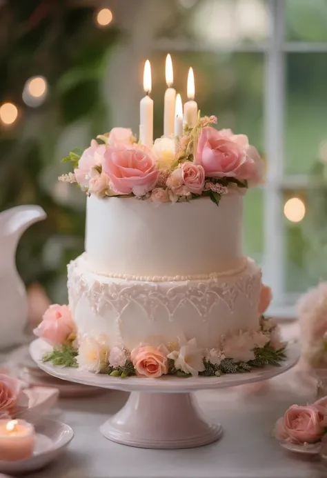 Dream flower birthday cake，Warm and beautiful scene，There are many plants and bouquet arrangements，Happy baby, A girl making a wish.