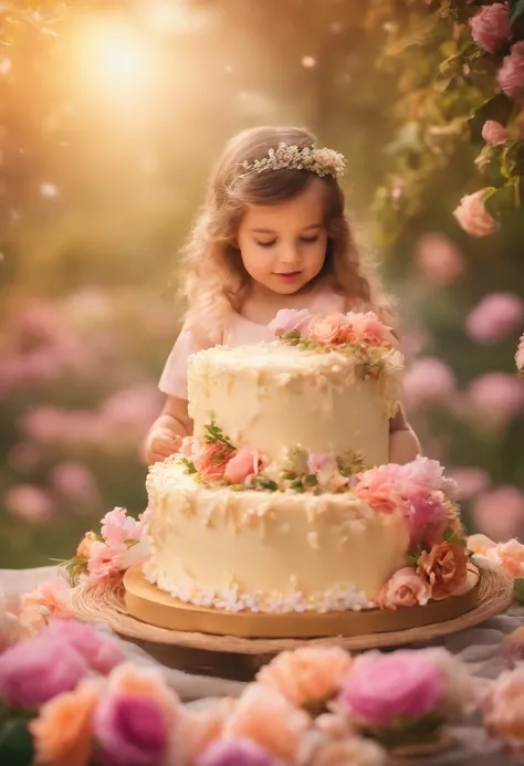 Dream flower birthday cake，Warm and beautiful scene，There are many plants and bouquet arrangements，Happy baby, A girl making a wish.