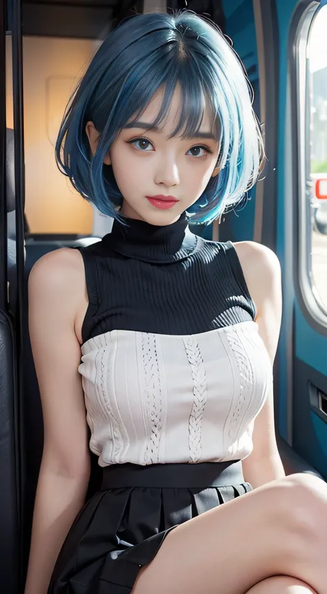 （Woman sitting cross-legged in the cabin of an airliner）1 girl, （shorth hair、Blue Bob Hair）,（（ Bangs flutter around the eyebrows））, Blunt bangs, （Bob in Blue）, aqua eyes, longeyelashes, ）（blue eyess）, makeup, Smile, Parted lips, Realism, Verism, surrealism...