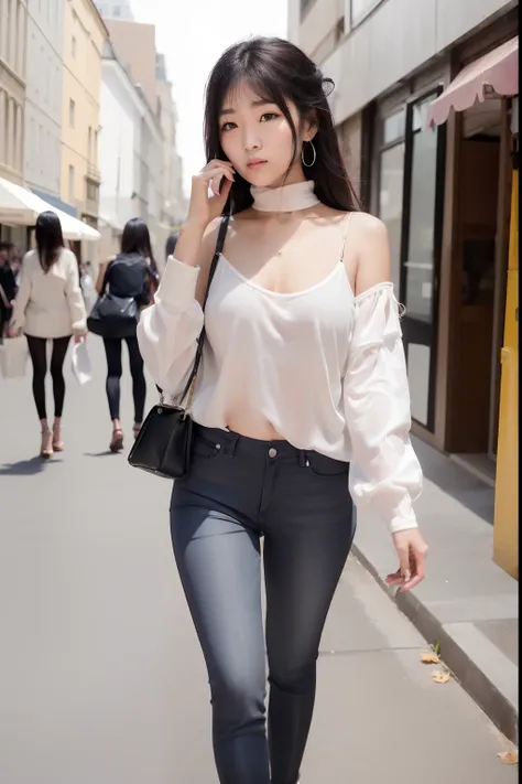 (8K，realisticlying，extra detailed face，poster for，动态照明，street snap，full body Esbian,tmasterpiece，optimum) Early autumn cityscape，Sunlight shines through the sparse clouds，Soft light illuminates the street photo girl。Her long black hair was scattered over h...