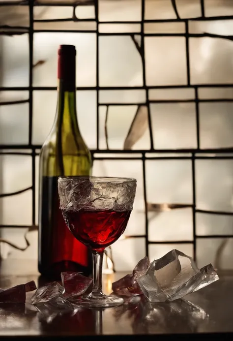 Broken glass lying on wine stained papers in a dark office