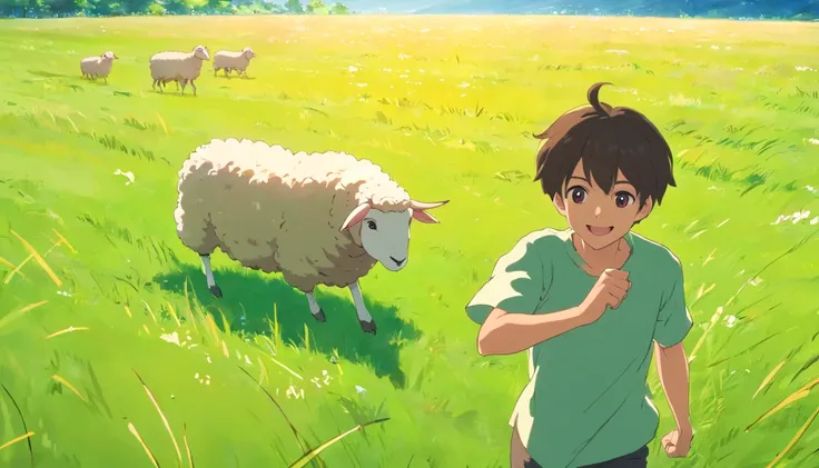 tmasterpiece, best qualityer, cinematic Film still from, Close up bright and bright, cheerfulness, Soft lighting and warmth, natta, young boy with big smile herding sheep in grass field