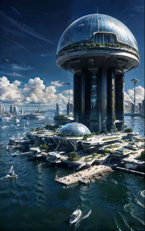 A futuristic biocity that is located in the former site of Portsmouth, New Hampshire. It has a mix of old and new buildings, green spaces, and water features. It also has six large artificial floating islands off of its coastline,(zenithal angle),
((by Iwa...