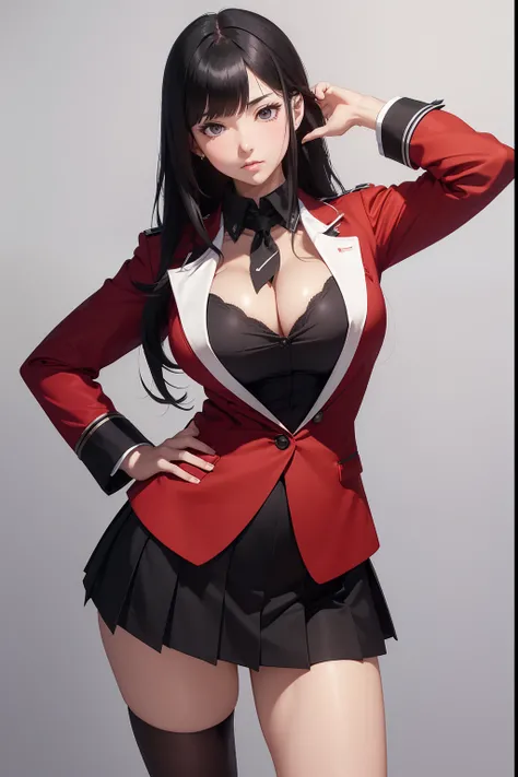 (masterpiece, best quality, ultra-detailed, 8k, wallpaper, photorealistic), (wide shot, full body), beautiful girl, voluptuous body, perfect hands, perfect anatomy, large cleavage, long round legs, round ass, ((sexy anime girl as Yumeko Jabami)), ((wears t...