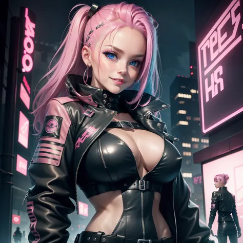 leather jackets、Wearing a leather jacket　cyberpunked、girl with　a smile、Pink hair、beautiful a girl、top-quality、​masterpiece、HD Images、huge tit、hyperdetailed face、blue eyess、Leather pants、a beauty girl