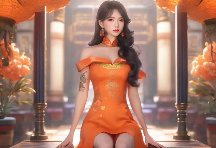 A woman holding an orange cat，Wearing an gold ink-painted cheongsam，The fullness and enchantment of the mature woman are undoubtedly revealed，A well-maintained beautiful face is firm and fair，With light makeup，The temperament is quiet and elegant，semi tran...