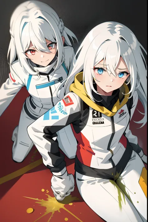 The two girls have no background，Long pure white hair，White skinny racing suit，Be red in the face，pretty eyes（Girl leaking urine），leaked pee