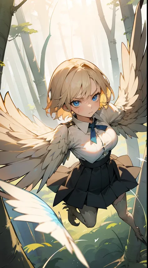 1girl,solo,serious face,white shirt,black skirt,medium tits,light blonde hair,short hair,blue eyes,harpy,(((light blonde wings))),claws,no arms,attacking(((flying in a forest)))