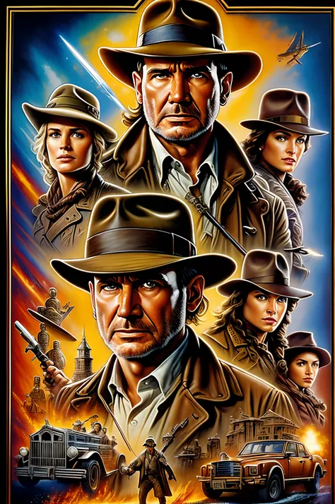 Colorful poster "Indiana Jones - The Last Crusade", ((Стиль Drew-Struzan)), ((A hyper-realistic)), Gradient by style, Complicated details, Intricate, aesthetics.
 Palette knife-oil painting, ((Best Quality, tmasterpiece)), (Extreme detailing), impressionis...