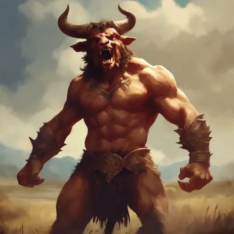 A black minotaur monster that fell to the ground，Painful expression，(The minotaur raised its head and roared into the sky:2)，funk，shudder，The current spreads around，Medieval landscape，Fantastical，4K，best qualtiy，primitive，（(Ultra-detailed and high-precisio...