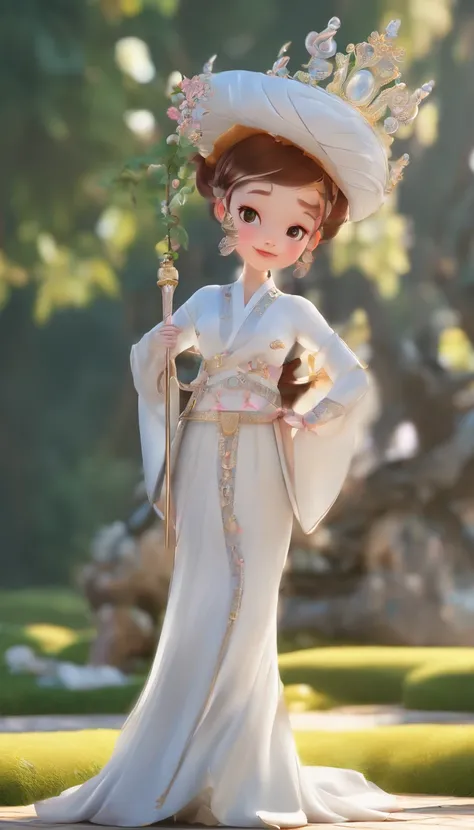 Pixar style super cute anthropomorphic White Snake， wearing hanfu and crystal crown, standing, charming big eyes, lovely tail, standing, surreal, super fine, luxurious, elegant standing, charming big eyes, lovely tail, standing, surreal, super detailed, lu...