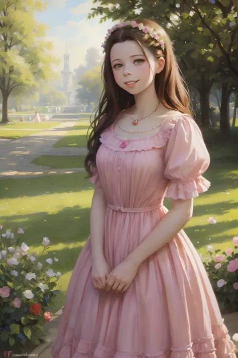 ((beste-Qualit, tmasterpiece)),((young Michelle Trachtenberg)), Summer pink dress, 1913 year, romance, Emotional smile, In the spring park, ((Стиль Daniel-F-Gerhartz)), (Gradient light brush for chigraines), Detailed Illustration, grotesque, Complicated de...