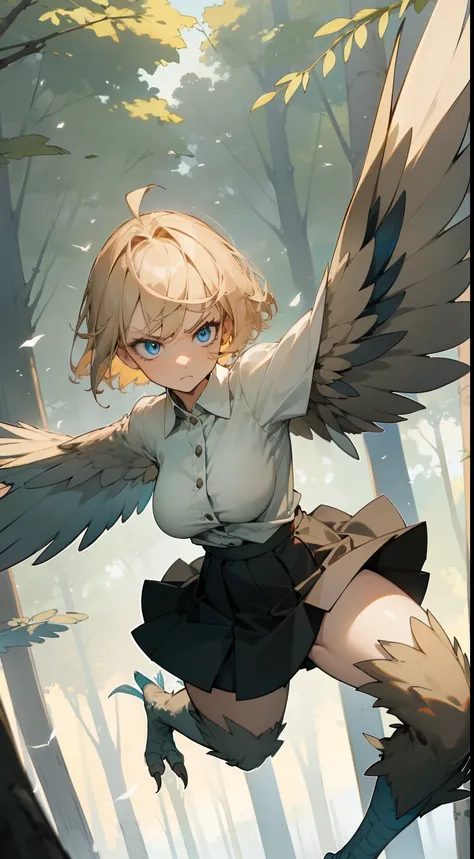 1girl,solo,serious face,white shirt,black skirt,medium tits,light blonde hair,short hair,blue eyes,harpy,(((light blonde wings))),claws,no arms,attacking(((flying in a forest burning)))