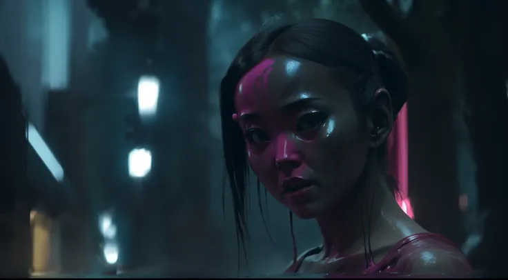 there is a woman with a pink face and a black dress, movie still of the alien girl, 8 k movie still, movie still 8 k, still from a live action movie, 8 0 s asian neon movie still, 8 k film still, japanese vfx, covered in red slime, character is covered in ...