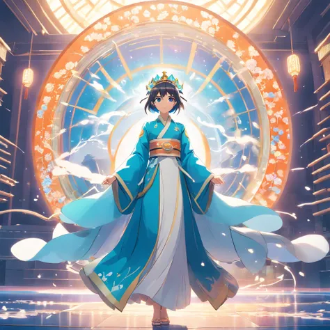 symetrical composition，Epic lighting，Storm special effects，Pixar style super cute anthropomorphic White Snake， wearing hanfu and crystal crown, standing, charming big eyes, lovely tail, standing, surreal, super fine, luxurious, elegant standing, charming b...