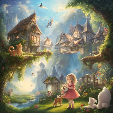 Fairy tale picture book，Cute little girl and her little animal，Dreamy，high quarity，16K resolution，（best qualtiy），（tmasterpiece），super-fine，Detailed pubic hair，acurate，