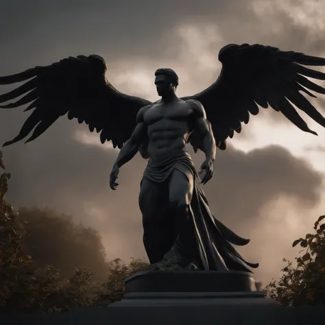 a close up of a noir black statue like male with large wings, humanoid male, faceless, devoid of a face and hair, lack of facial features, plain face, angel of death, unreal engine render + a god, villain has black wings, no face, plain face, muscular buil...