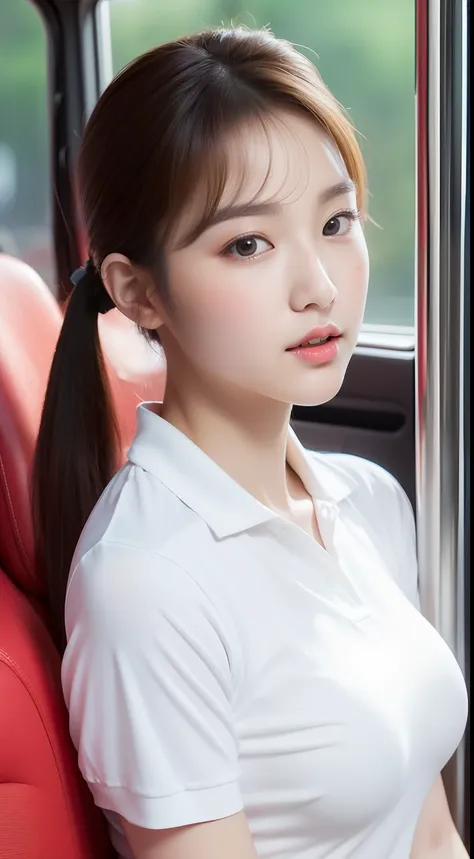 realistic photos of 1 cute Korean star, short ponytail, white skin, thin makeup, 32 inch breasts size, wearing polo shirt, in the bus, upper body portrait, UHD