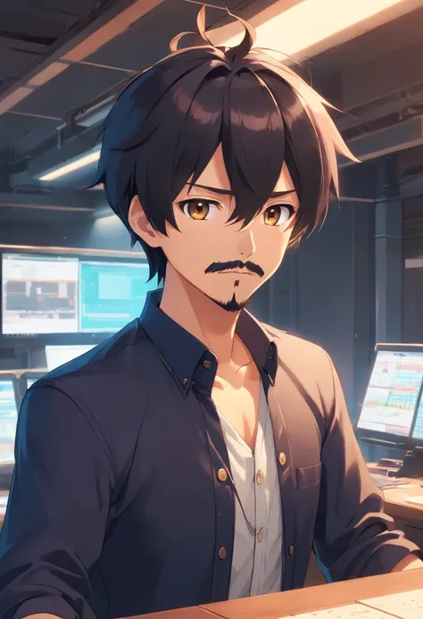 anime boy, ruffled topknot, black hair, oval face, black beard and mustache, well-kept beard, hair on the sides shaved in machine 02, black dress shirt, arms crossed, facing the camera, photo taken from the front, face forward , brown eyes, kinda thin nose...