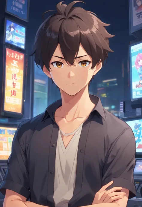 anime boy, ruffled topknot, black hair, oval face, black beard and mustache, well-kept beard, hair on the sides shaved in machine 02, black dress shirt, arms crossed, facing the camera, photo taken from the front, face forward , brown eyes, kinda thin nose...