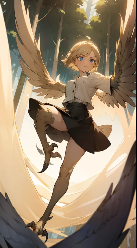 1girl,solo,serious face,white shirt,black skirt,medium tits,light blonde hair,short hair,blue eyes,harpy,(((light blonde wings))),claws,no arms,attacking(((flying in a forest burning)))