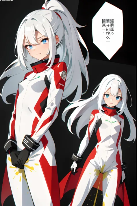 The two girls have no background，Long pure white hair，White skinny racing suit，Be red in the face，pretty eyes（Girl leaking urine），leaked pee