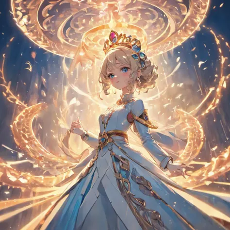 symetrical composition，Epic lighting，Storm special effects，Pixar style super cute anthropomorphic White Snake， wearing hanfu and crystal crown, standing, charming big eyes, lovely tail, standing, surreal, super fine, luxurious, elegant standing, charming b...