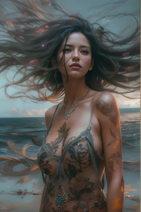 ultra realistic oil paint Latin American woman on the beach, very long wild black hair, huge gigantic breasts, full body, sun, enlightenment, she is wearing a loose deep open camisole. 4k resolution, intricately detailed, cinematic, full body, detailed sym...