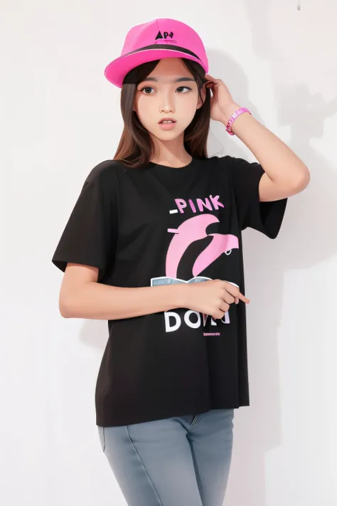 araffe wearing a pink hat and a black shirt, (pink colors), black t shirt, blue black pink, pink shirt, black t-shirt, black t - shirt, ((pink)), pink clothes, pink and black, 2 color, black white pink, cute, wearing black tshirt, t-shirt, t - shirt, short...