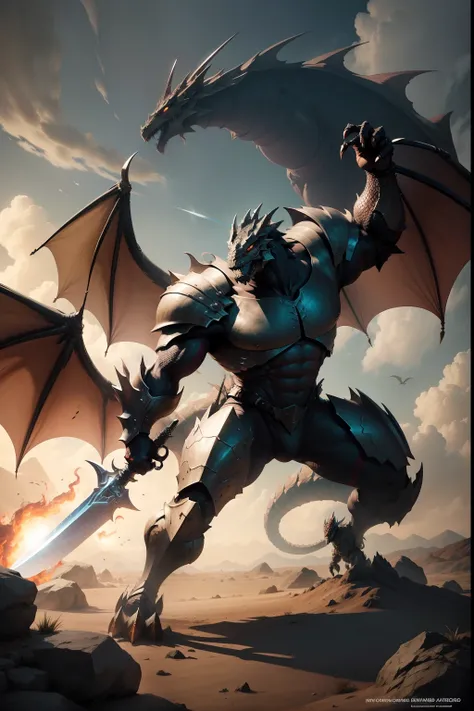 armored dragon, bipedal, in heavy attack position, two-handed sword, cinematic, film cover