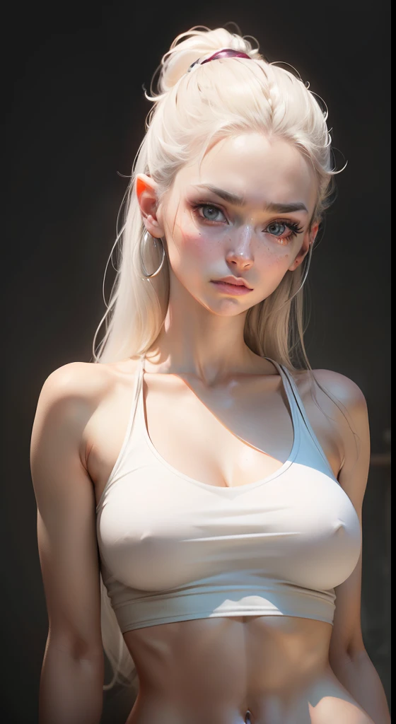 a young woman, frontal upper body view, very skinny, skinny upper body, pale skin, tight white top, areolas can be noticed underneath, big eyes, cute nose, natural makeup, exhausted, bushy eyebrows, soft and bright lighting, concept art, hyper realistic, h...