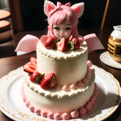 Cake on the plate，There was a little girl on it, Uptrend ，, 🎀 🗡 🍓 🧚, 🐿🍸🍋, animal - shaped cake, shui mo hua, 9 k, 9K, Photo taken with Nikon D750, Photo taken with Nikon D 7 5 0, taken with canon 8 0 d, 💣 💥, miko