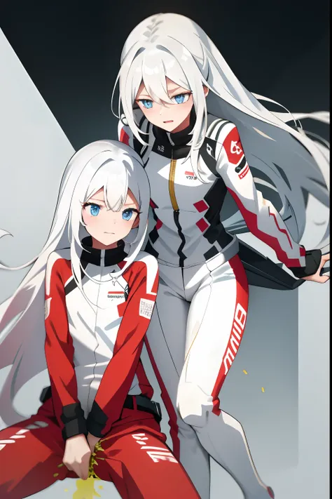 The two girls leaned together，Long pure white hair，White skinny racing suit，Be red in the face，pretty eyes（Girl leaking urine），leaked pee