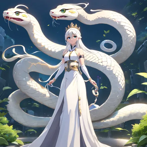 symetrical composition，Epic lighting，wind and cloud special effects，Pixar style super cute (anthropomorphic White Snake:1.5)， wearing hanfu and crystal crown, standing, charming big eyes, lovely tail, standing, surreal, super fine, luxurious, elegant stand...