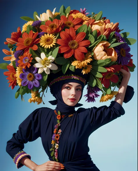 arafed woman with a large bouquet of flowers on her head, covered with flowers, inspired by Modest Urgell, 1960s orientalism, turban of flowers, carrying flowers, woman in flowers, by Bert Stern, flower head, covered in flowers, clothes made out of flower,...