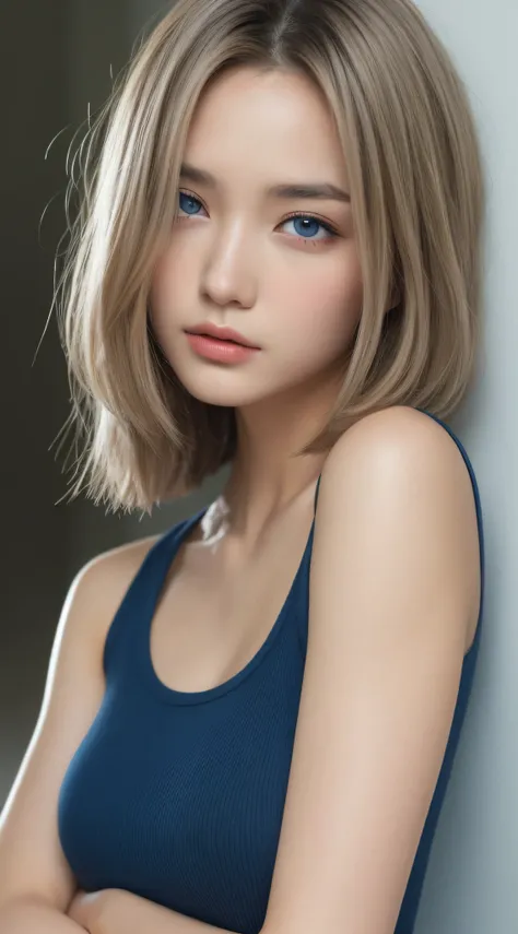 （（best qualtiy，8k，tmasterpiece：1.3）），1girll，Pretty woman who emphasizes slender abs：1.3，（Short hairstyle：1.2），Gray hair，oversized tank top：1.2，Super detailed face，Deep blue eyes，Detailed eyes，二重まぶた，Armpits