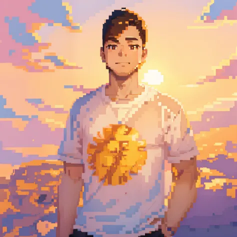 high quality image, boys standing in front of sun retro sunset pink colour , boy wearing yellow t shirt , retro anime style, pixel art