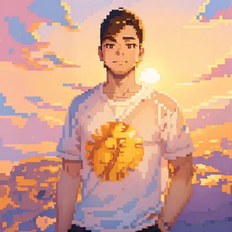 high quality image, boys standing in front of sun retro sunset pink colour , boy wearing yellow t shirt , retro anime style, pixel art