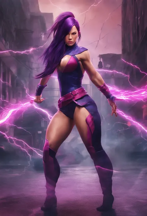 realistic 3d psylocke X-Men,(((from bellow))), crouched with legs open, surrounded by lightning, low camera, full body photography, hyperrealistic, HD,