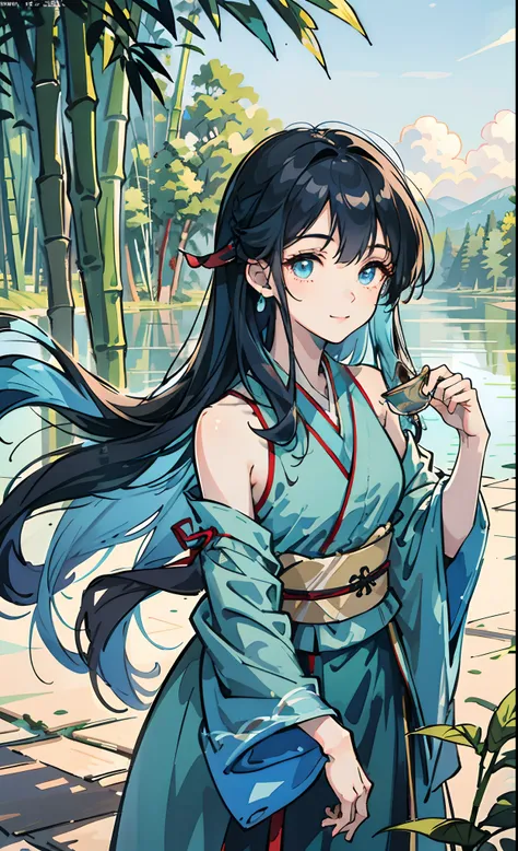 Masterpiece, Best Quality, Official Art, 8k Wallpaper, Very Detailed, Illustration, 1 Girl, Sky Blue Hair, Long Hair, Detailed Eyes, Forrest Gump, Bare Shoulders, Hanfu, Lake, Pure, Soft Smile, bamboo, tea