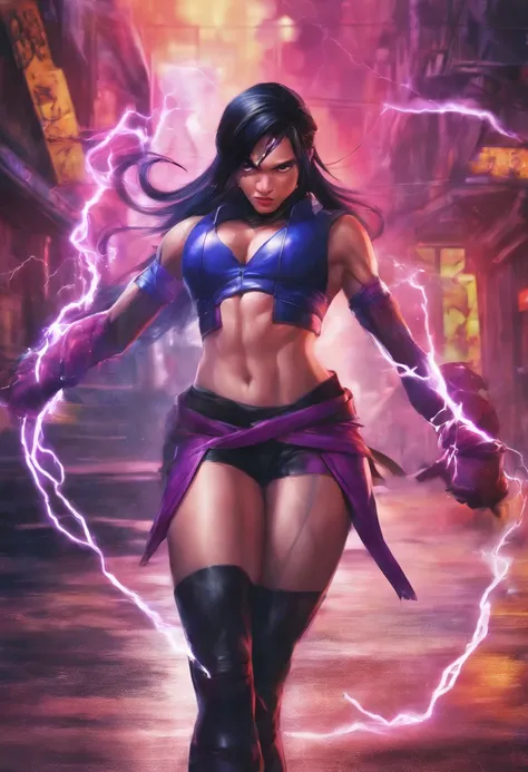 realistic 3d psylocke X-Men, young Indonesian girl teen 18(((from bellow))), crouched with legs open, surrounded by lightning, full body photography, hyperrealistic, HD,