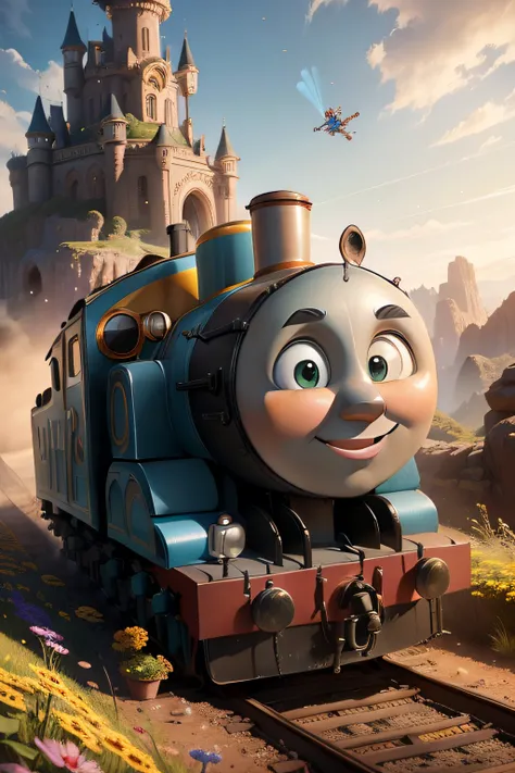 (realistic,pixar style,thomas the tank engine),vibrant colors,beautiful landscapes,cartoonish details,fine brushwork,great attention to detail,expressive characters,charming atmosphere,toy-like textures,playful lighting,scenic backgrounds,happy and joyful ...