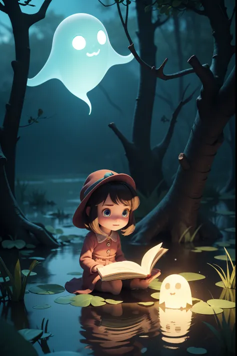 a little girl reading book,Lovely Cute Glowing Ghost floating in a magical swamp, ((3D)), Pixar Style, Transparent, Translucent, Fantasy, Spooky,