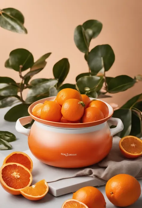 There is an orange pot with a lid on a white table, high quality product photo, productphoto, product introduction photos, professional product photo, high resolution product photography, productphoto, Blood Orange, bright orange color, Enamel, detailed pr...