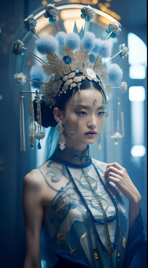 vogue photography， Young model wearing a haute couture dress inspired by Chinese porcelain, Decorated with exaggerated glass headdresses and earrings, Denim clothing, standing in front of a mirror, Intense light and shadow, Exaggerated glass fittings, Natu...