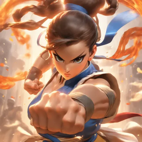 Chun-Li in the Niji style, a symbol of strength and grace, vibrant and striking colors, dynamic and iconic pose, determined and confident expression, comic book-inspired detailing, and a larger-than-life presence that perfectly captures her characters mart...