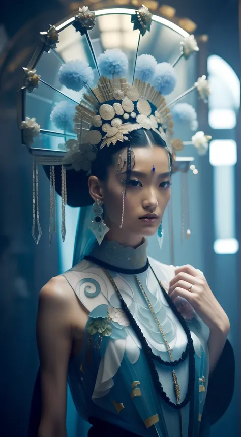 vogue photography， The young model wears a haute couture dress inspired by Chinese porcelain, Decorated with exaggerated glass headdresses and earrings, cowboy clothes, standing in front of a mirror, Intense light and shadow, Exaggerated glass fittings, Na...