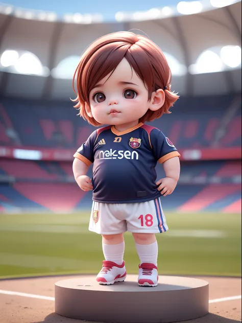 (baby Lionel Messi), football jersey, big head, big eyes, small body, full body, sport shoes, stadium background, (8k, best quality, masterpiece:1.2),(best quality:1.0), (ultra highres:1.0)