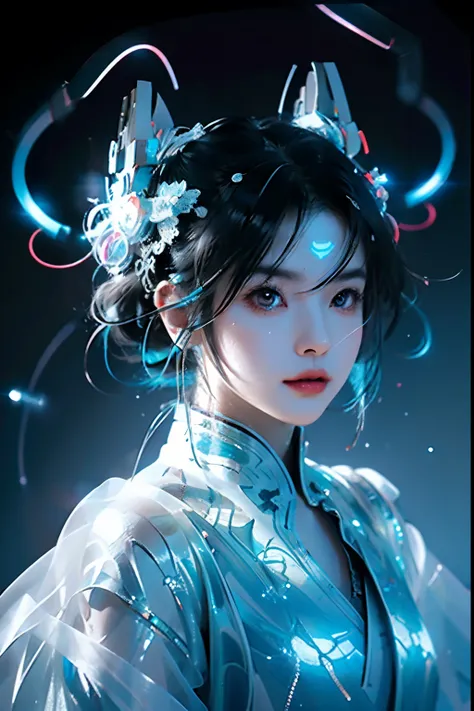 neon light, lens flare, future art, a black and white hair girl, in the style of realistic, a blue laser Chinese Dragon around her, glowing, hyper-detail, vivid energy, a beam of light came down from above , twinkling and sparkling, richdetails