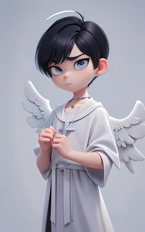 Pixar, 1 boy, Angelic appearance, (Short-haired black hair:1.5), Eyes are blue, Yancha Face, (With keen eyes:1.5), (Bad eyes:1.5), angry, Bad character, (Little white angel wings:1.5), Wearing a cross necklace, Angelic white robes, 独奏, Bangs, male people, ...